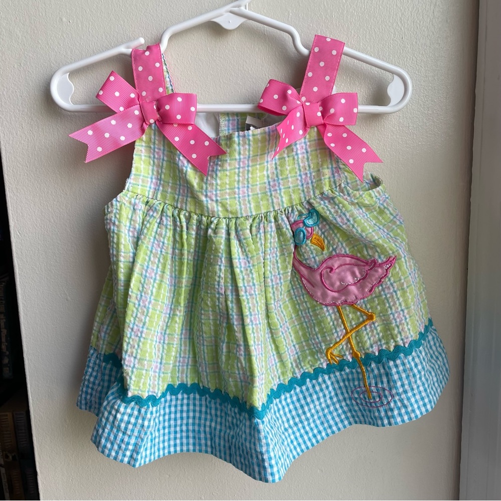 RARE TOO GREEN PINK FLAMINGO APPLIQUÉ BOW ACCENT TOP SIZE 12 MONTHS